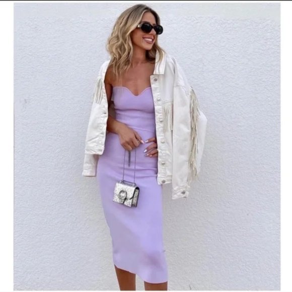 Zara Knit Lilac Bandage Corset Dress Purple Fitted Sweetheart Knee Strapless M - Picture 5 of 16